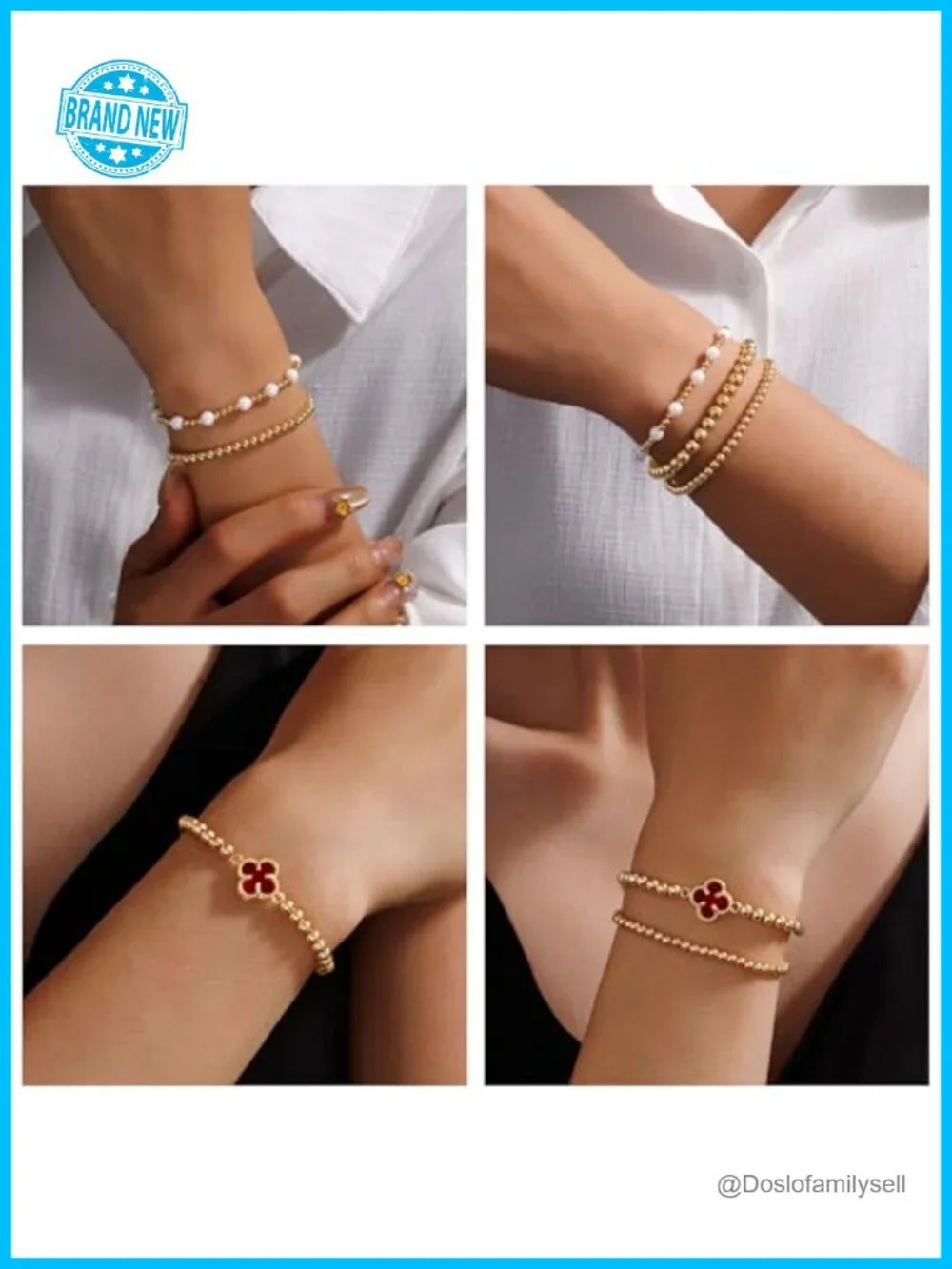 14K Gold Plated Beaded Bracelet Set, Adjustable Stretch Bracelets for Women